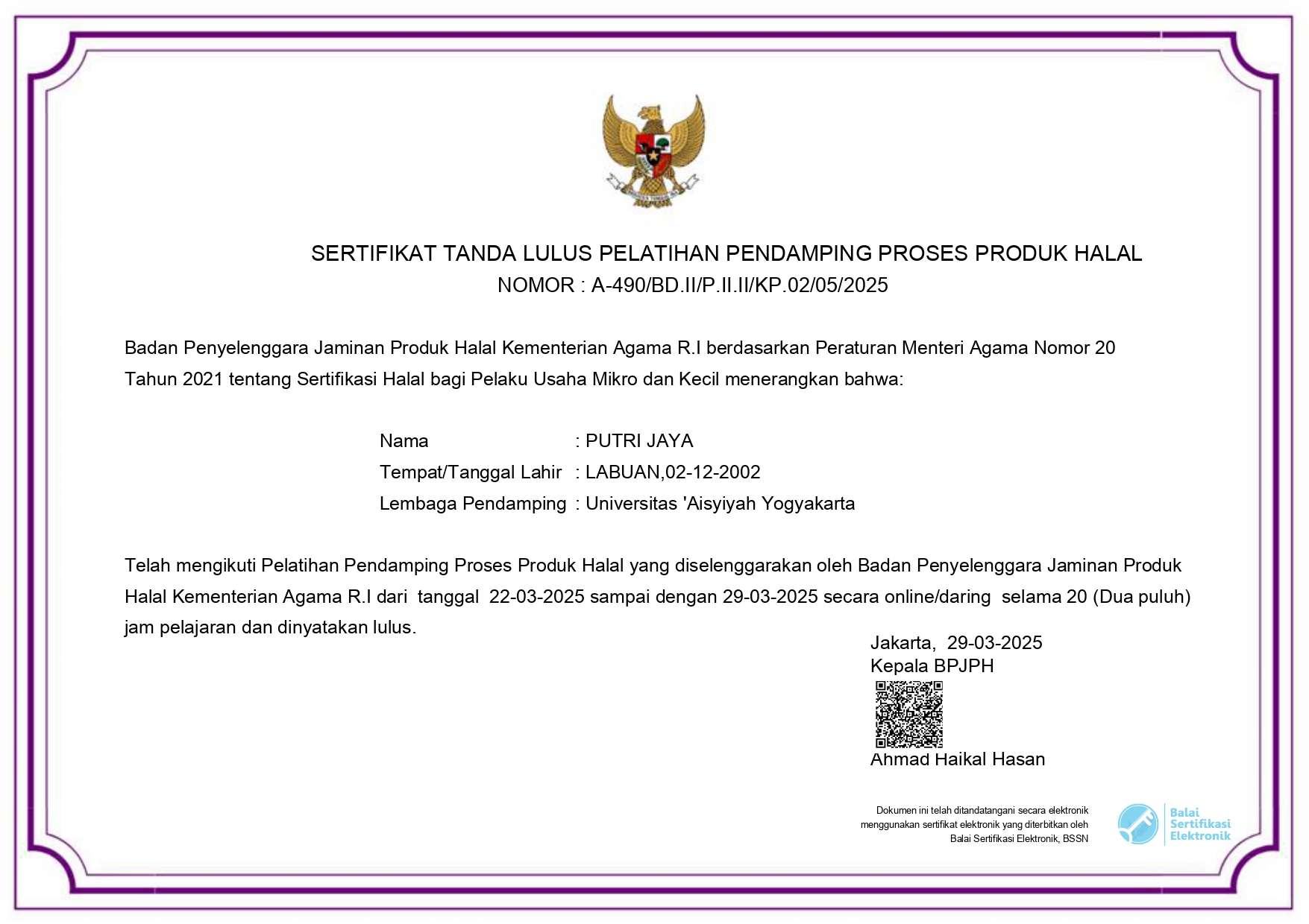 Professional Development Course Certificate